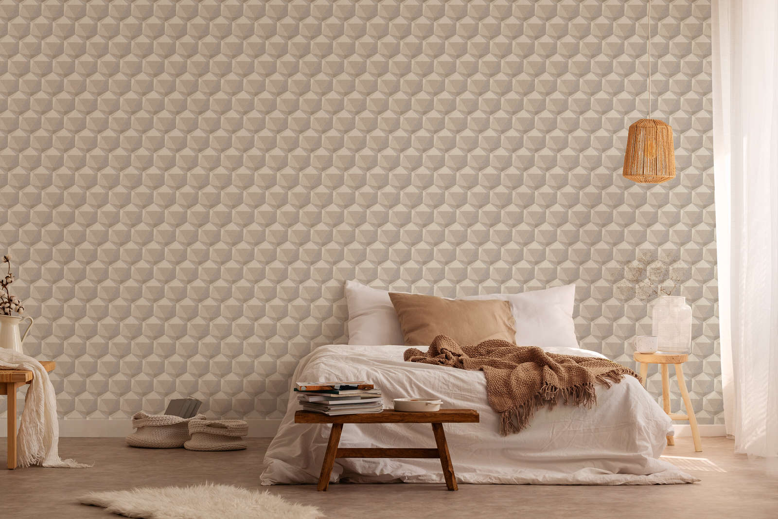             Patroonbehang met 3D design & linnenlook - beige, grijs
        
