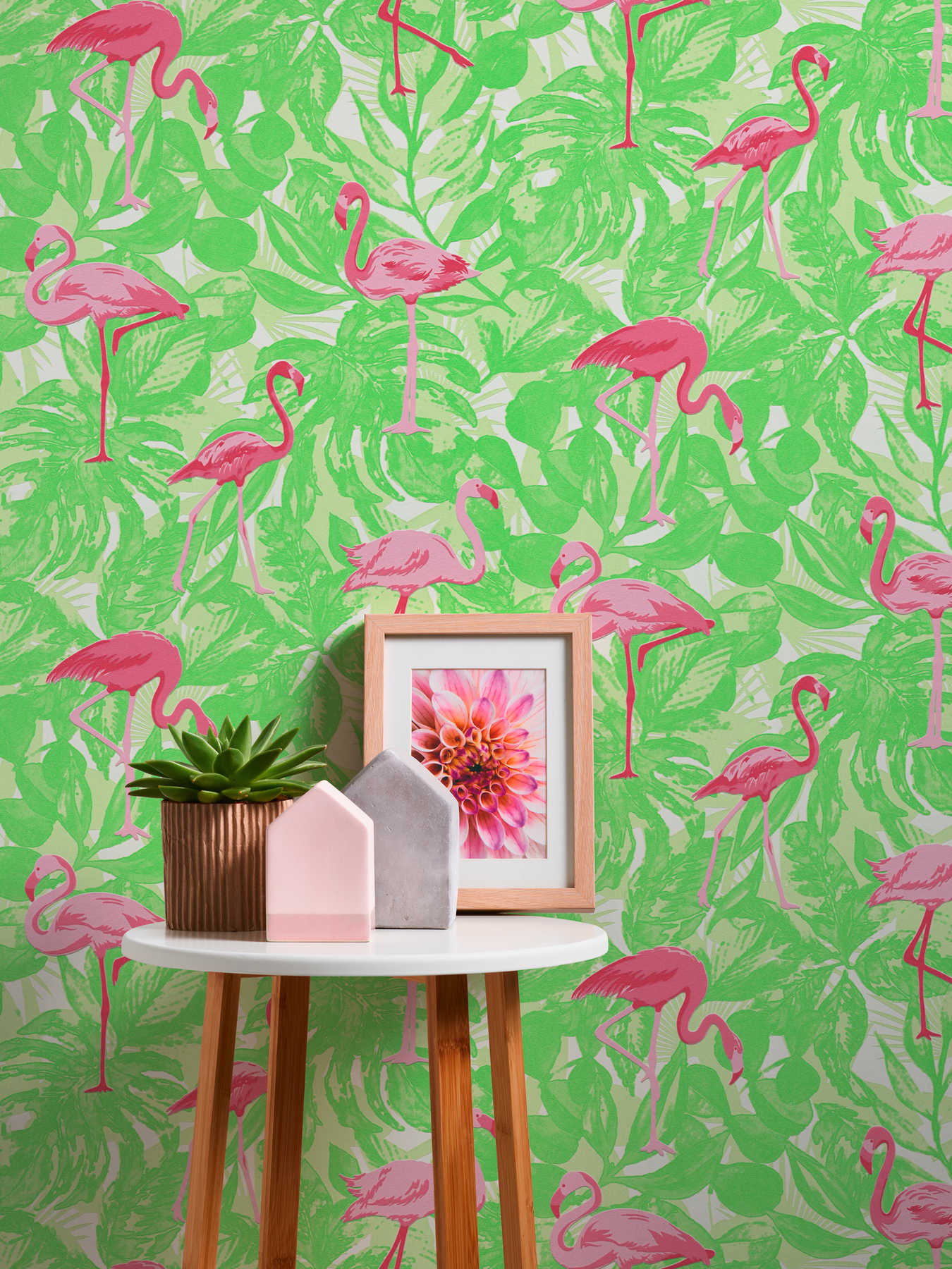             Tropisch behang met flamingo & bladeren - roze, groen
        