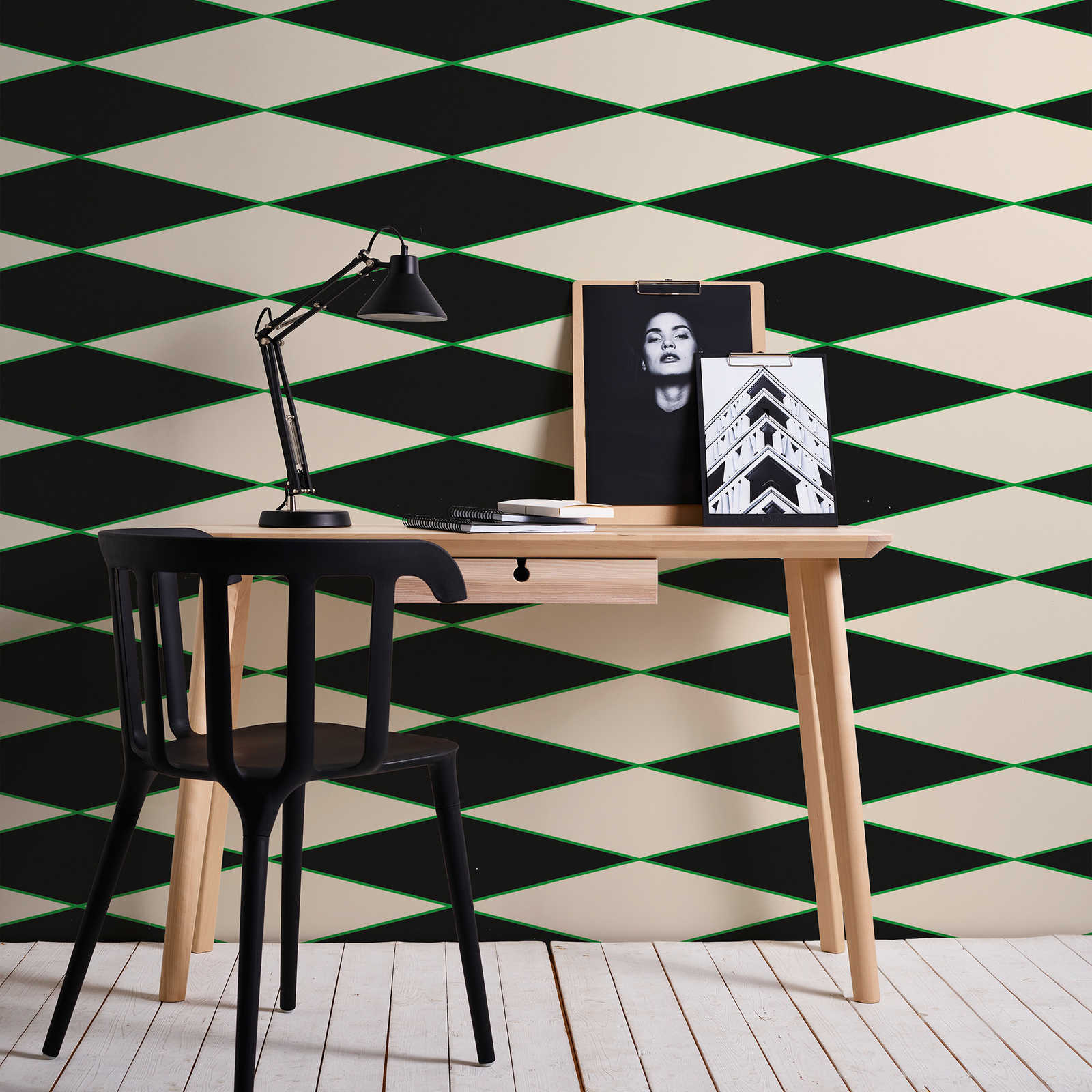 Graphic Wallpaper with Diamonds & Line Patterns - Black, Cream, Green | Textured Non-woven
