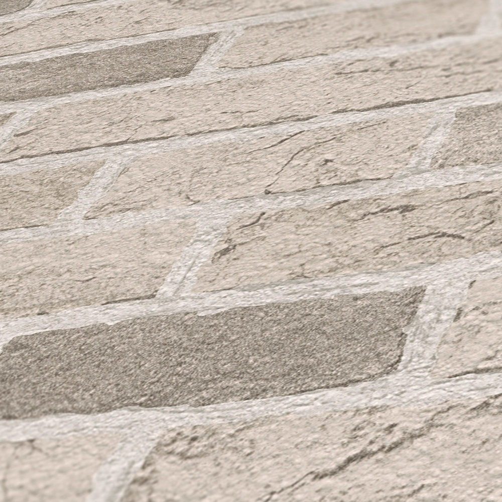             Carta da parati in pietra con muro di mattoni rustico e dettagliato - Crema, beige
        