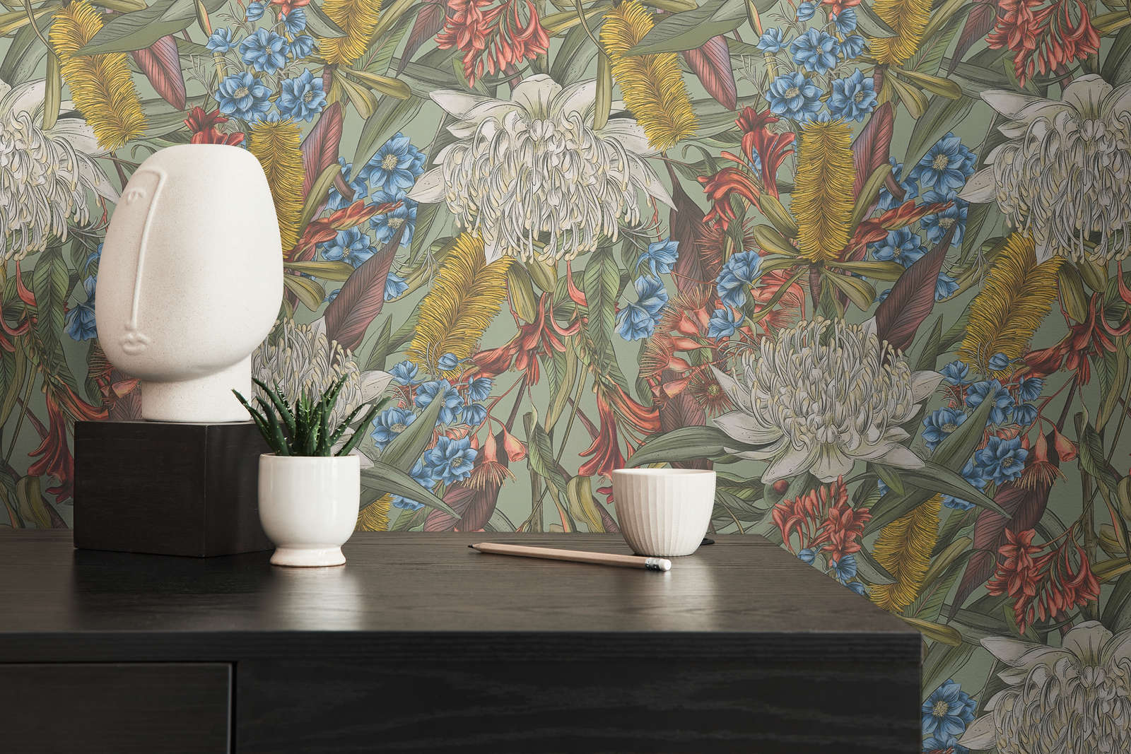             Floral wallpaper in jungle style with leaves & flowers textured matt - multicoloured, green, yellow
        