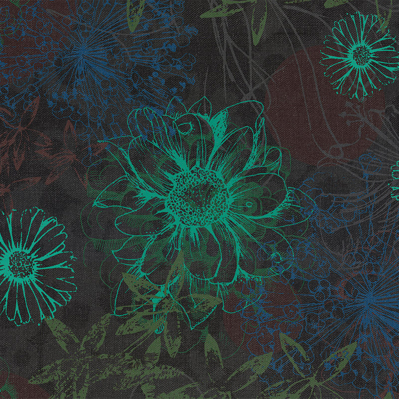         Flowers mural with bright floral pattern - green, blue, brown
    