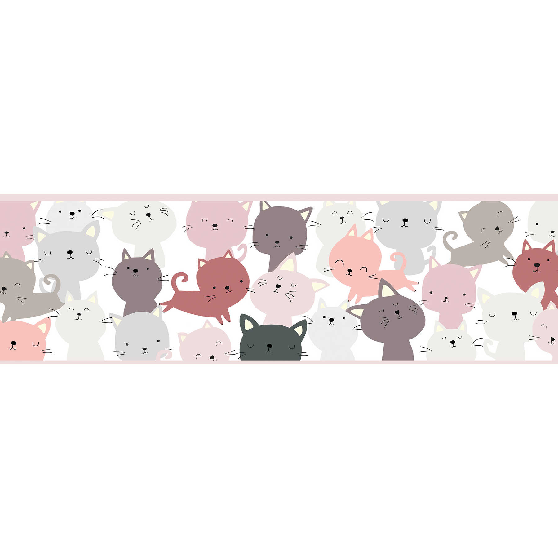 Papel pintado para niñas, cenefa autoadhesiva "Amigos del gato" - rosa, gris, morado
