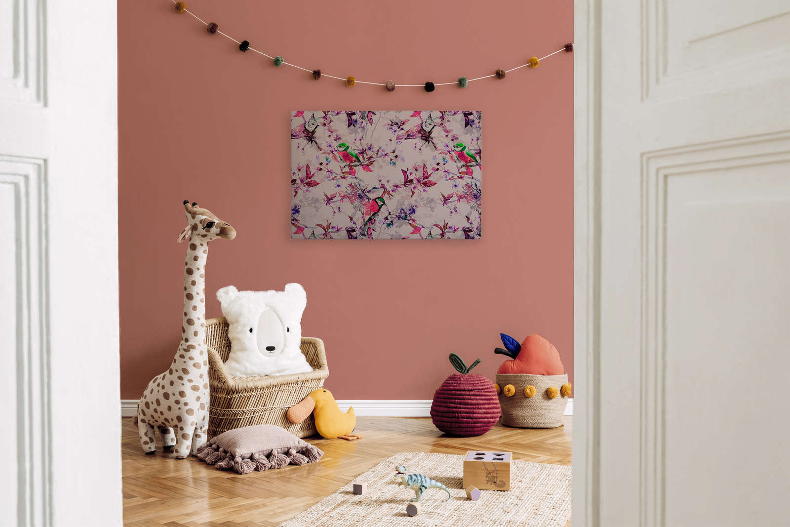             Uccelli Pittura su tela in stile collage | rosa, blu - 0,90 m x 0,60 m
        