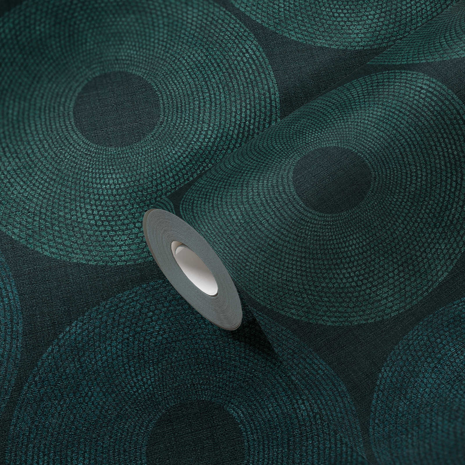             Ethno wallpaper circles with structure design - green, metallic
        