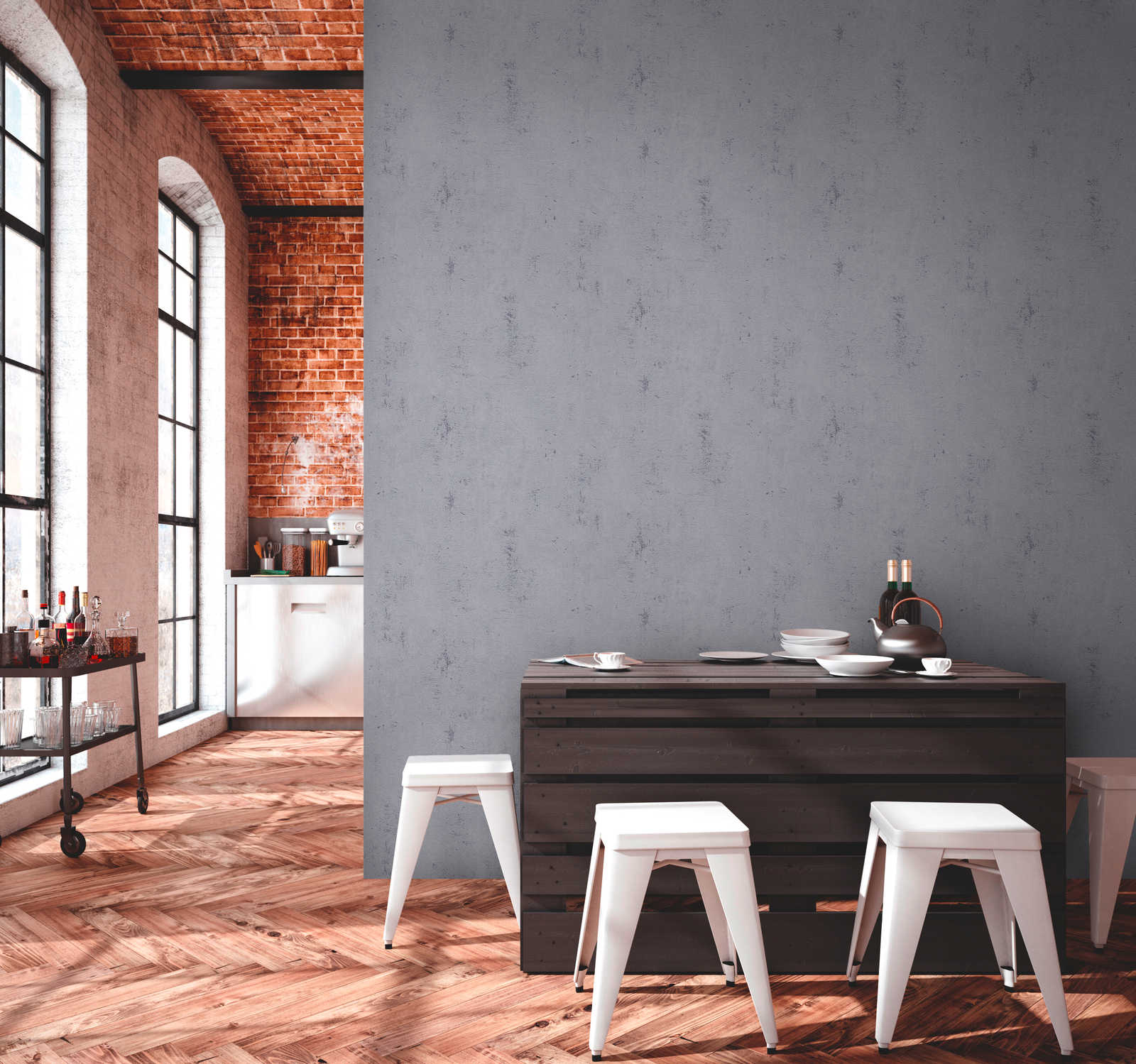             Wallpaper with neutral plaster look in industrial style - grey
        