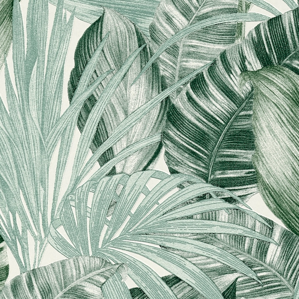             Papier peint à motifs avec feuilles dans le style dessin - vert, blanc
        