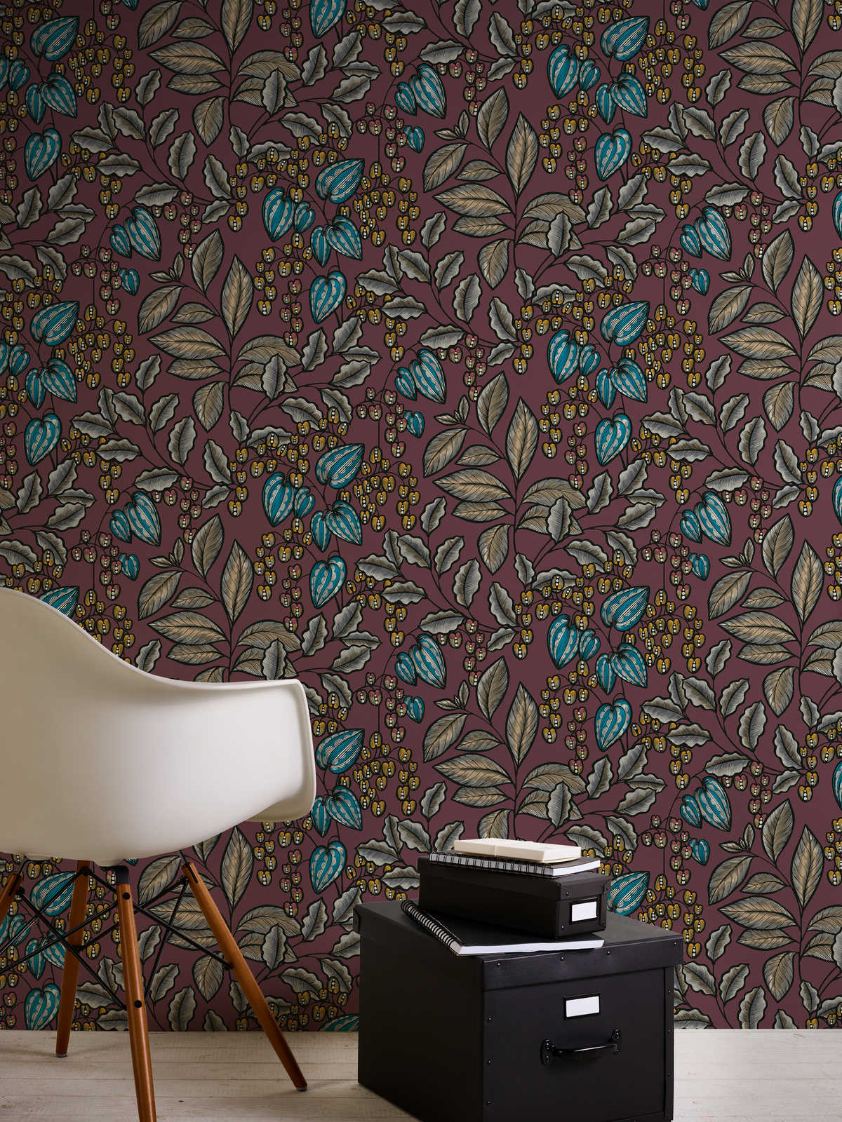             Floral wallpaper purple with leaves print in Scandinavian style
        