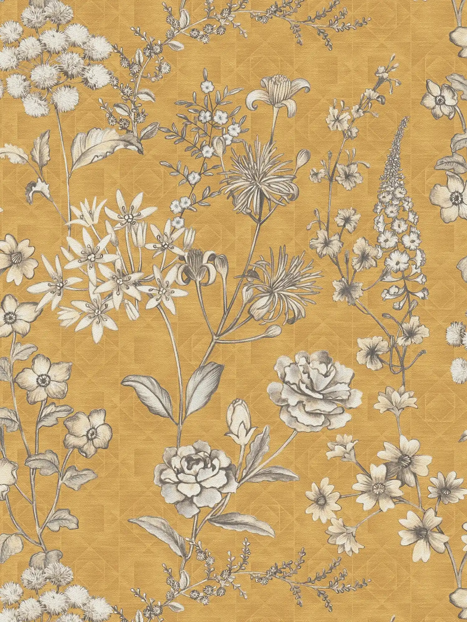 Papel pintado no tejido vintage con motivos florales - amarillo, blanco, gris

