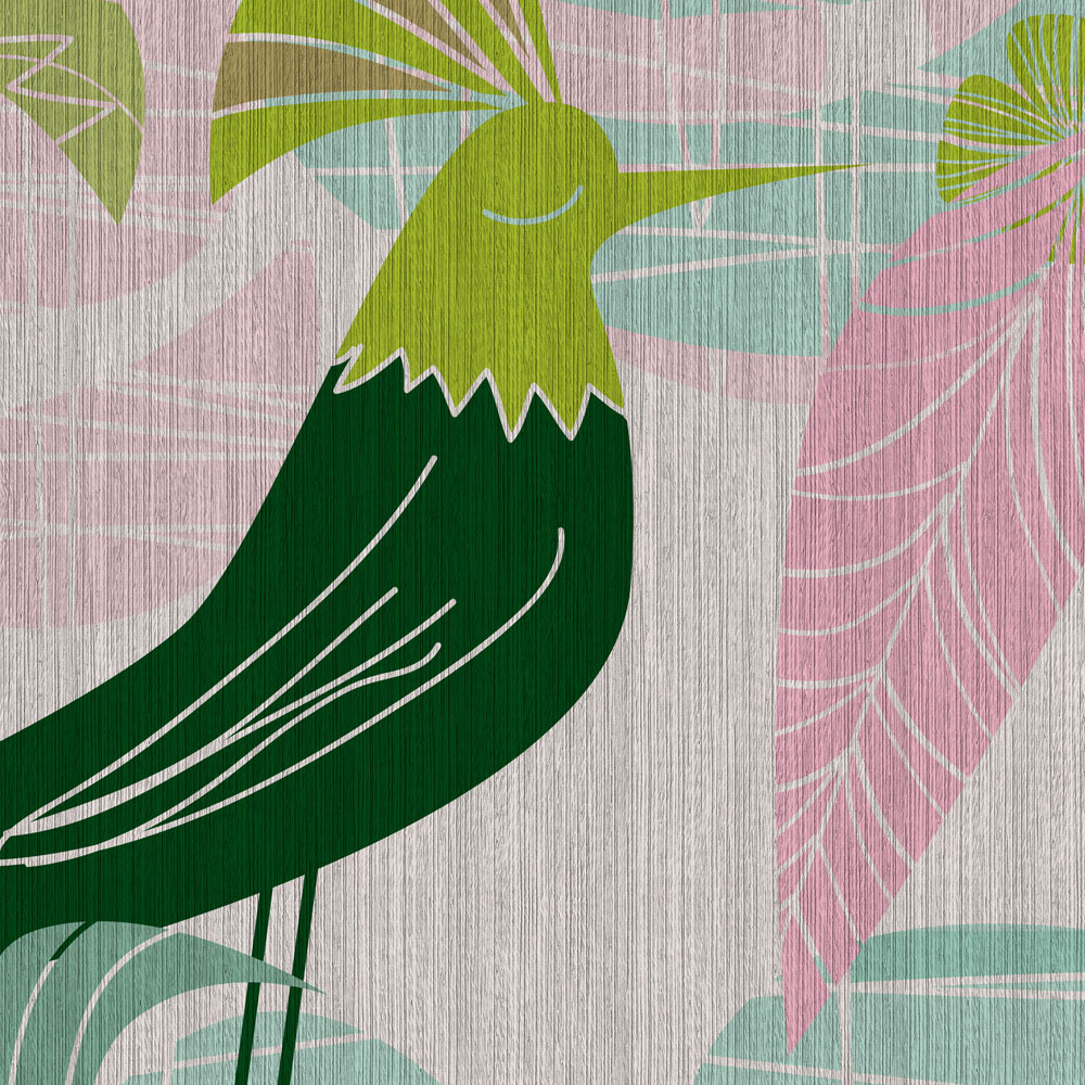             Birdland 3 - Papel pintado con motivos de pájaros verdes y rosas de estilo retro
        