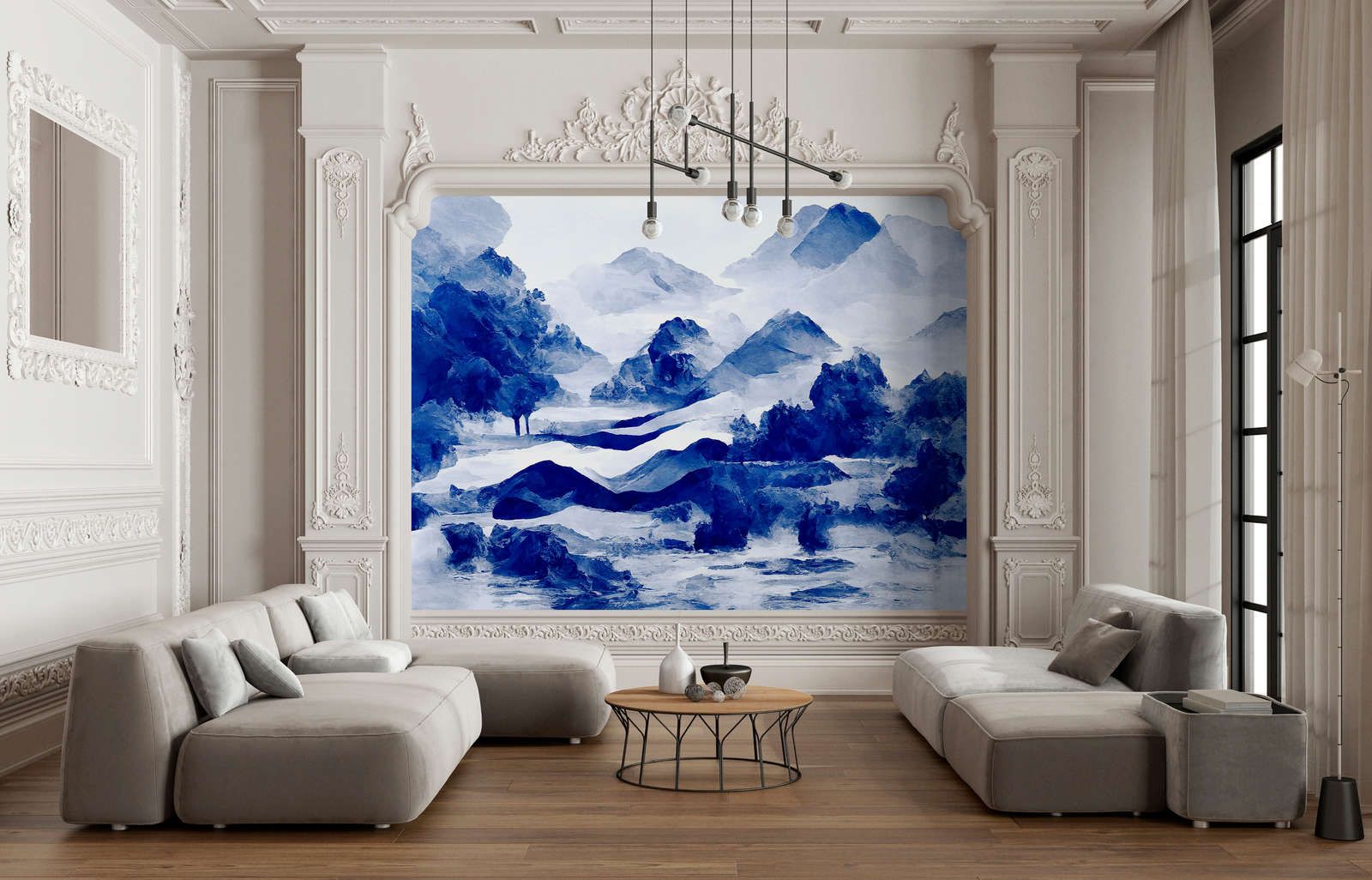             Photo wallpaper »tinterra 3« - Landscape with mountains & fog - Blue | Smooth, slightly shiny premium non-woven fabric
        