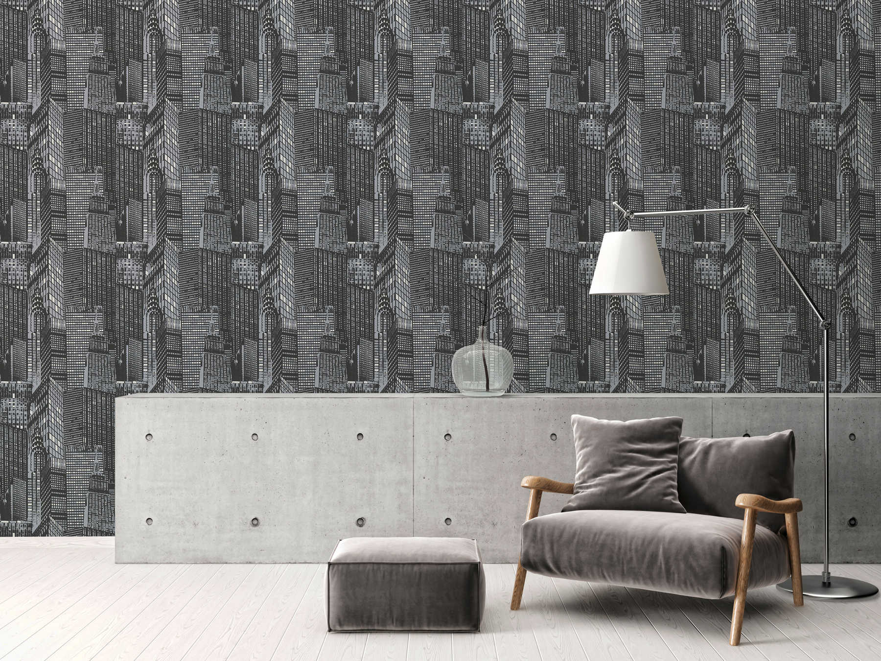             Non-woven wallpaper skyline, glows in the dark - black, silver
        