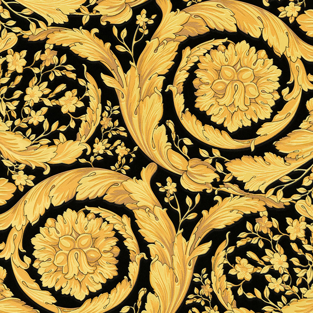             VERSACE wallpaper with ornamental floral pattern - gold, black
        