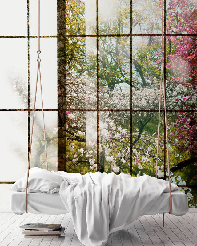             Orchard 1 - Digital behang, Raam met uitzicht op de tuin - Groen, Roze | Pearl gladde vlieseline
        