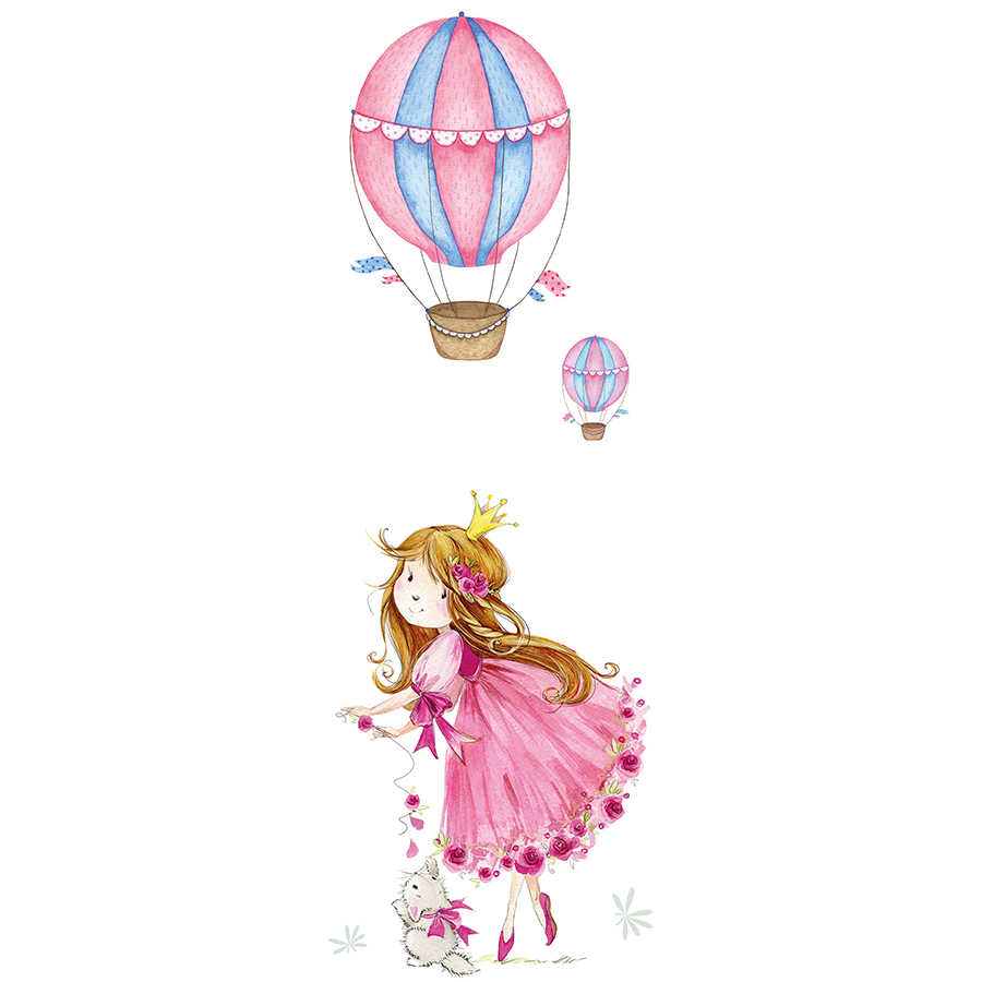 Papel pintado infantil Princesa con globo aerostático sobre vellón liso de nácar
