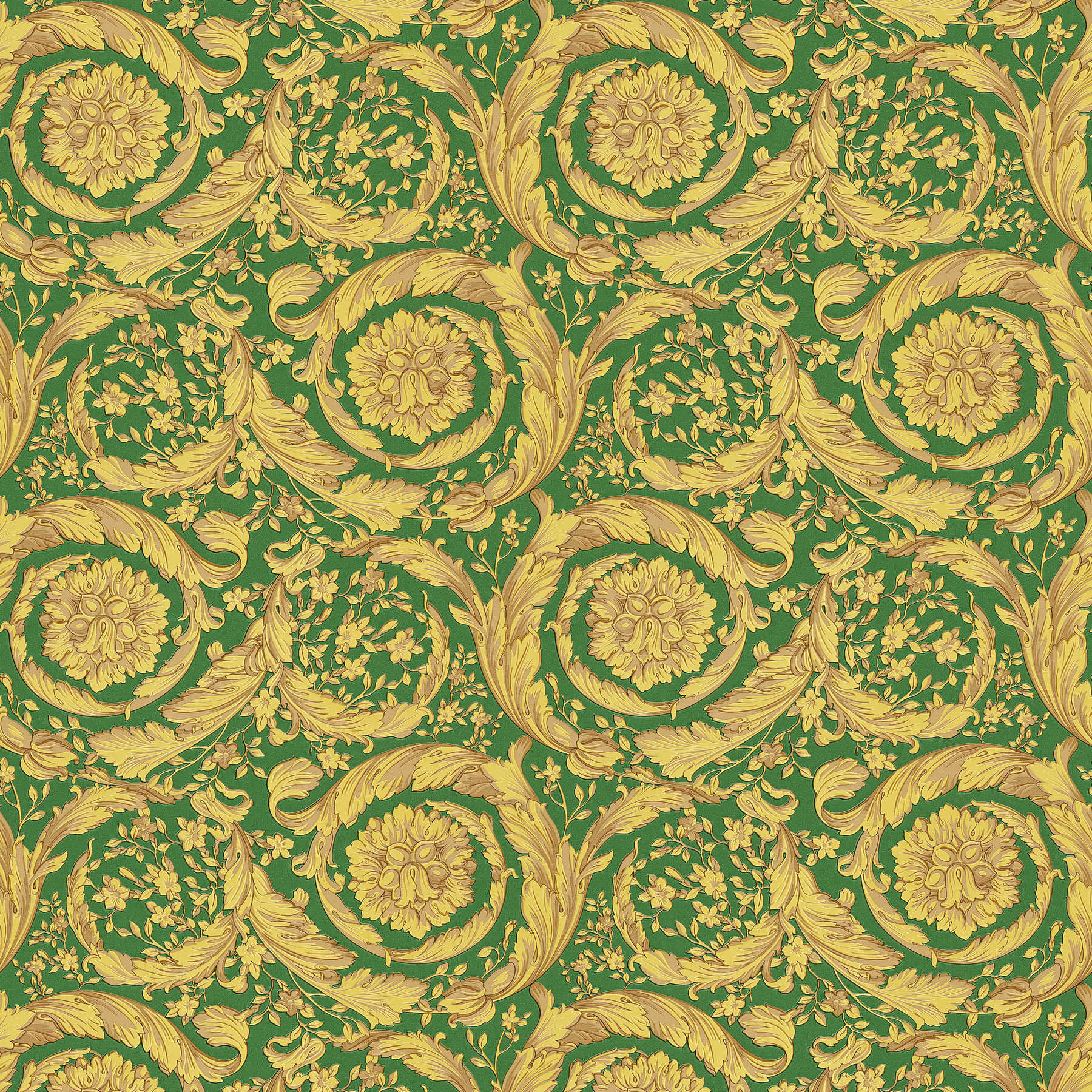 Papel pintado VERSACE motivo floral ornamental - verde, metálico, amarillo
