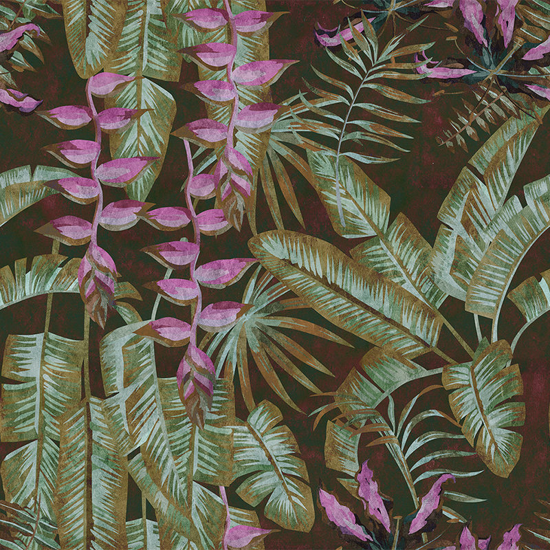 Tropicana 1 - Carta da parati della giungla con texture di carta assorbente e foglie di banano - Verde, viola | Materiali non tessuto liscio perlato
