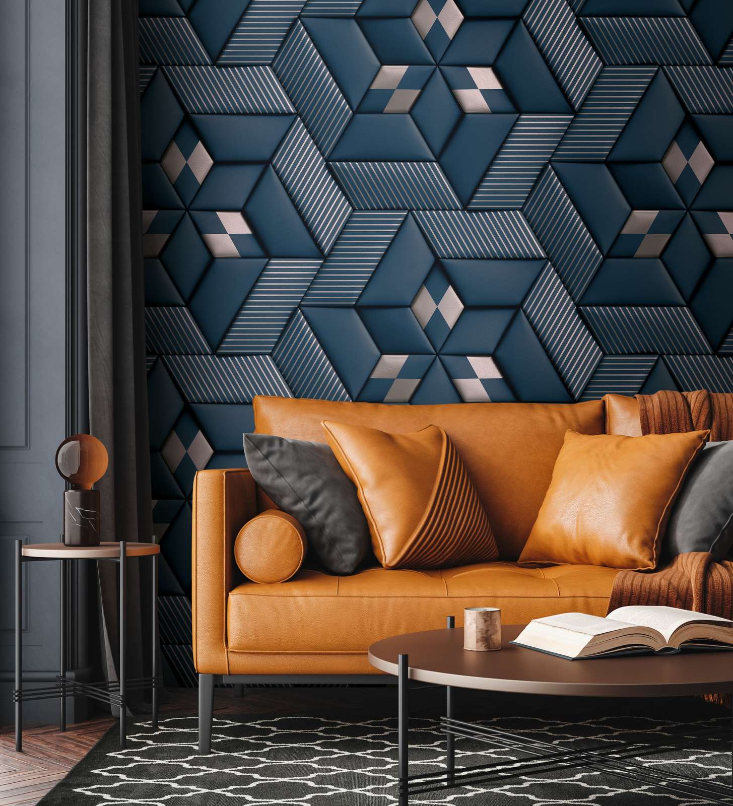            Vliesbehang met abstract 3D patroon - blauw, zilver
        