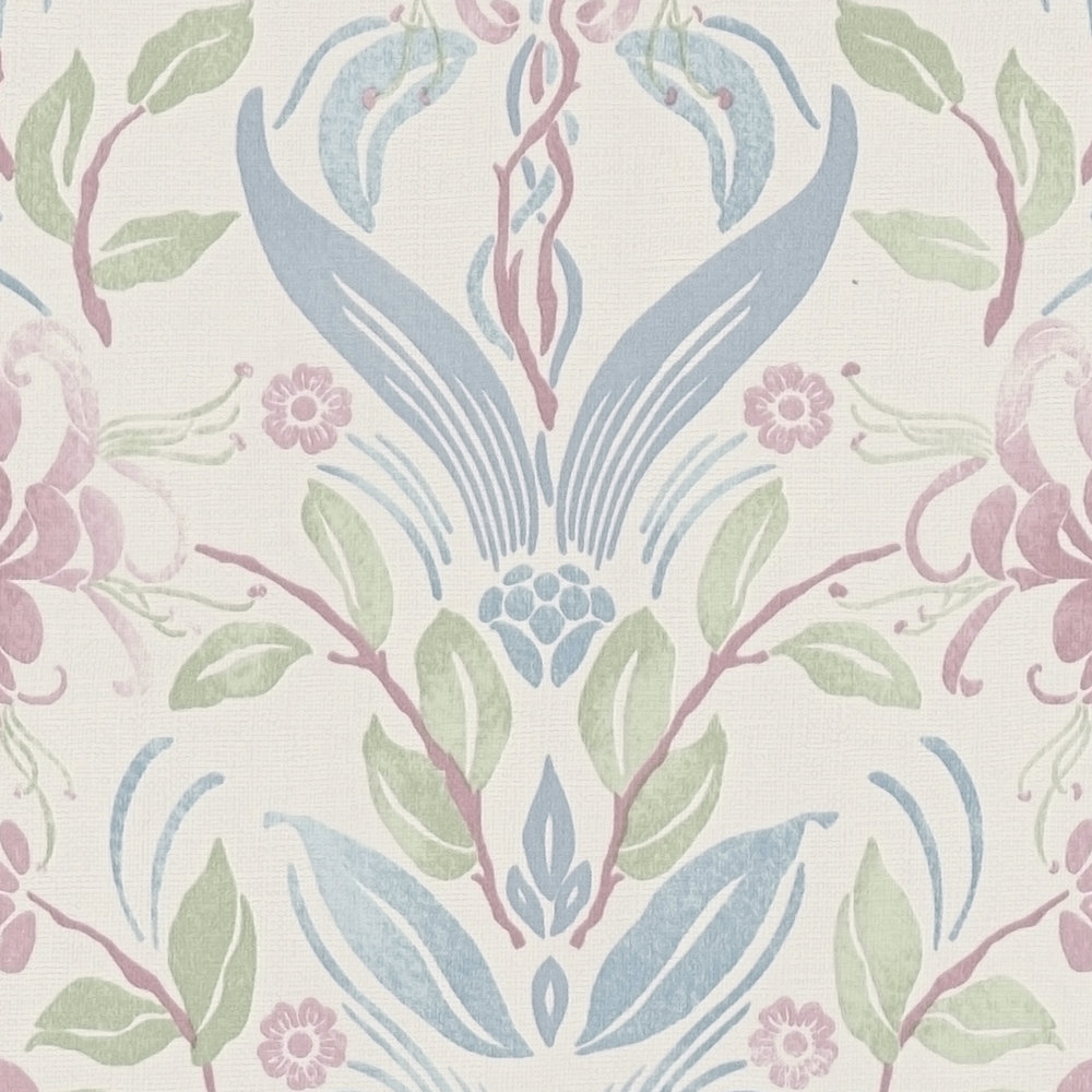             Papier peint à motifs floraux avec des oiseaux - crème, bleu, rose
        