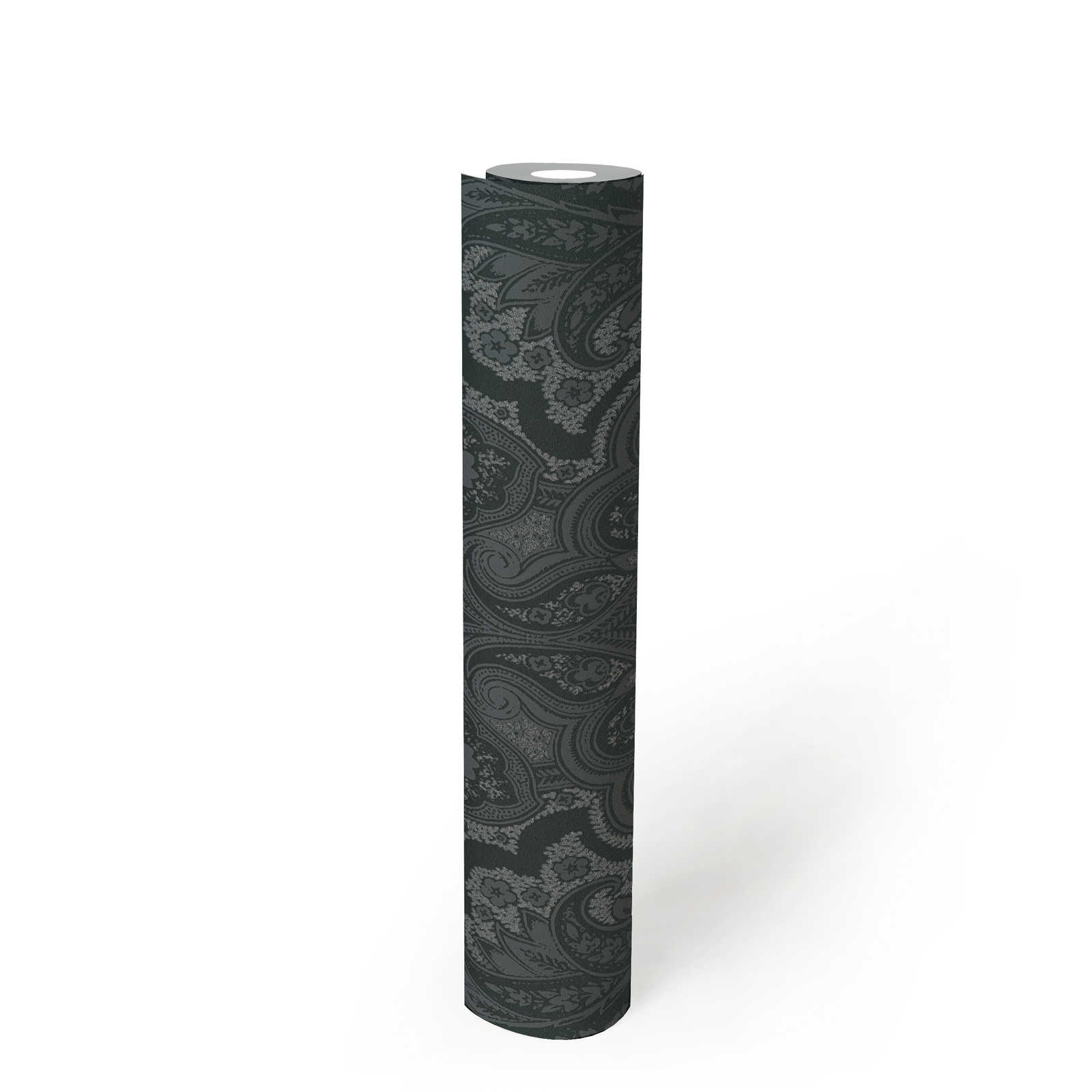             Papier peint noir avec motif ornemental & effet argenté - métallique, Noir
        