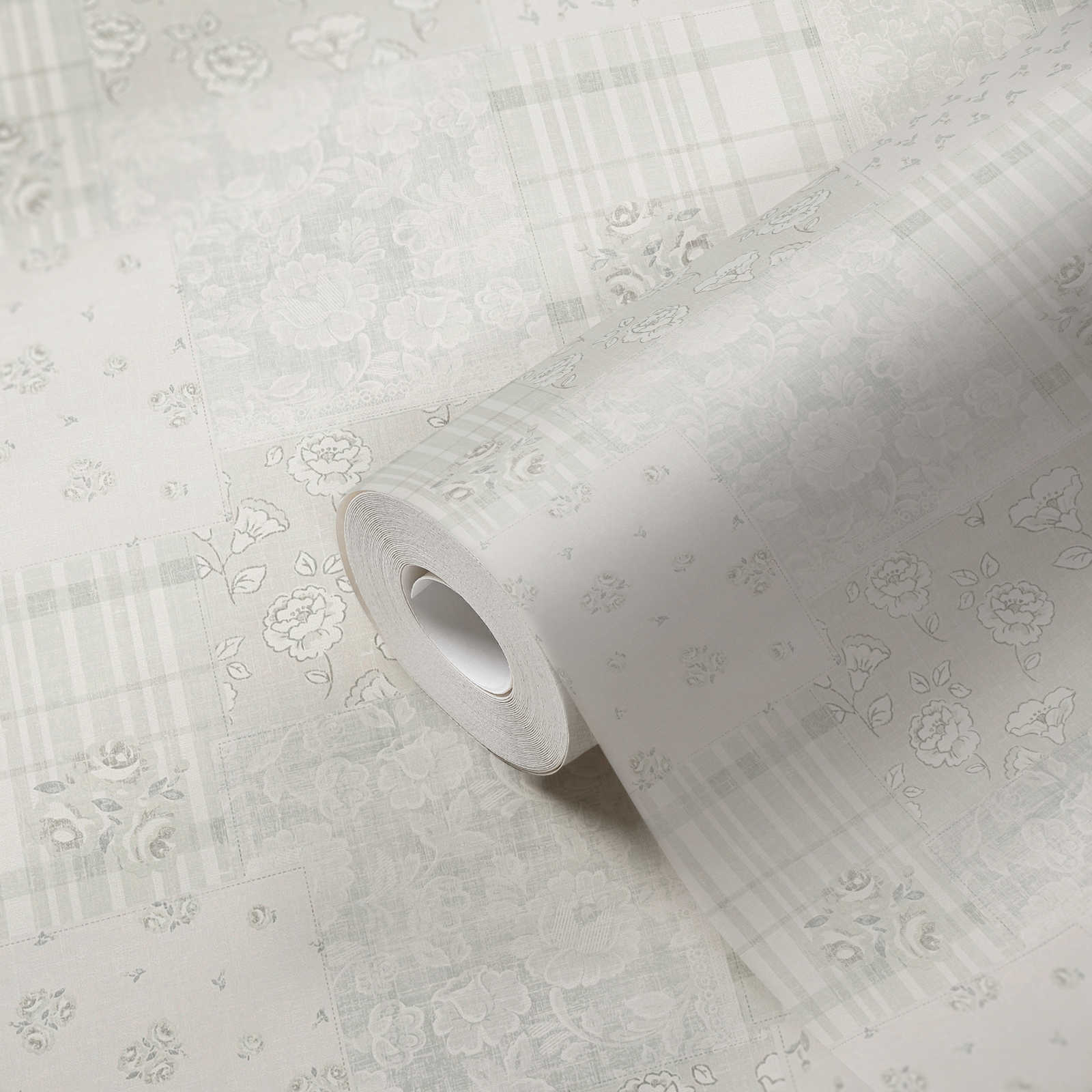             Carta da parati in tessuto non tessuto con motivo floreale in stile country - grigio, bianco
        