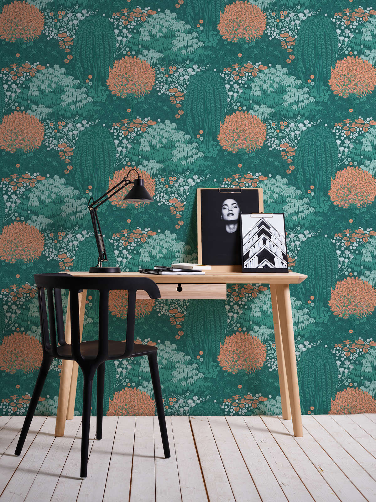             Floral wallpaper with leaves light textured, matt - petrol, orange, green
        