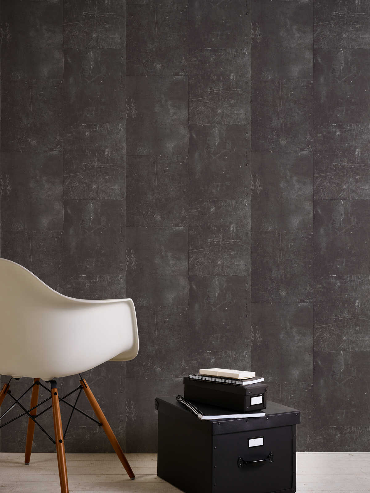             Metal look wallpaper iron sheets & rivets - black
        