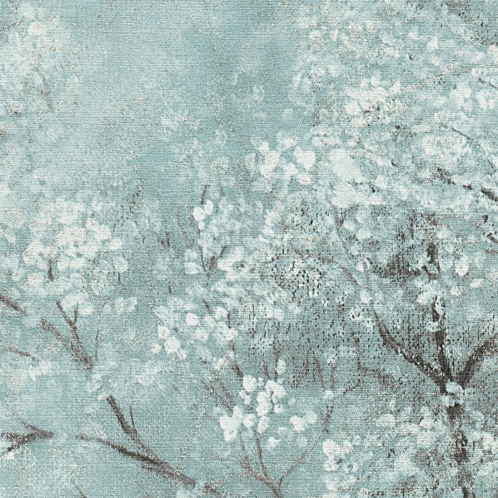            Papier peint Fleurs de cerisier Effet scintillant - vert, bleu, gris
        