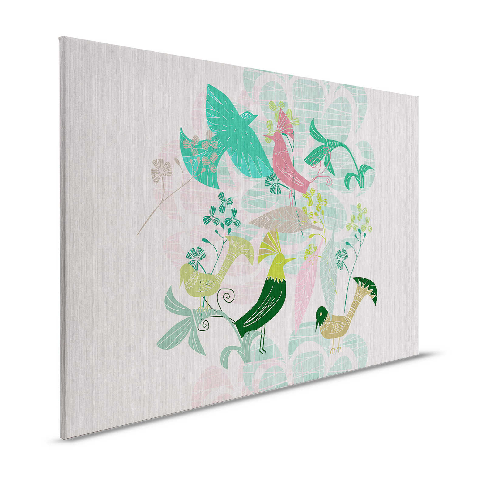 Birdland 3 - Quadro su tela verde e rosa con uccelli in stile retrò - 1,20 m x 0,80 m
