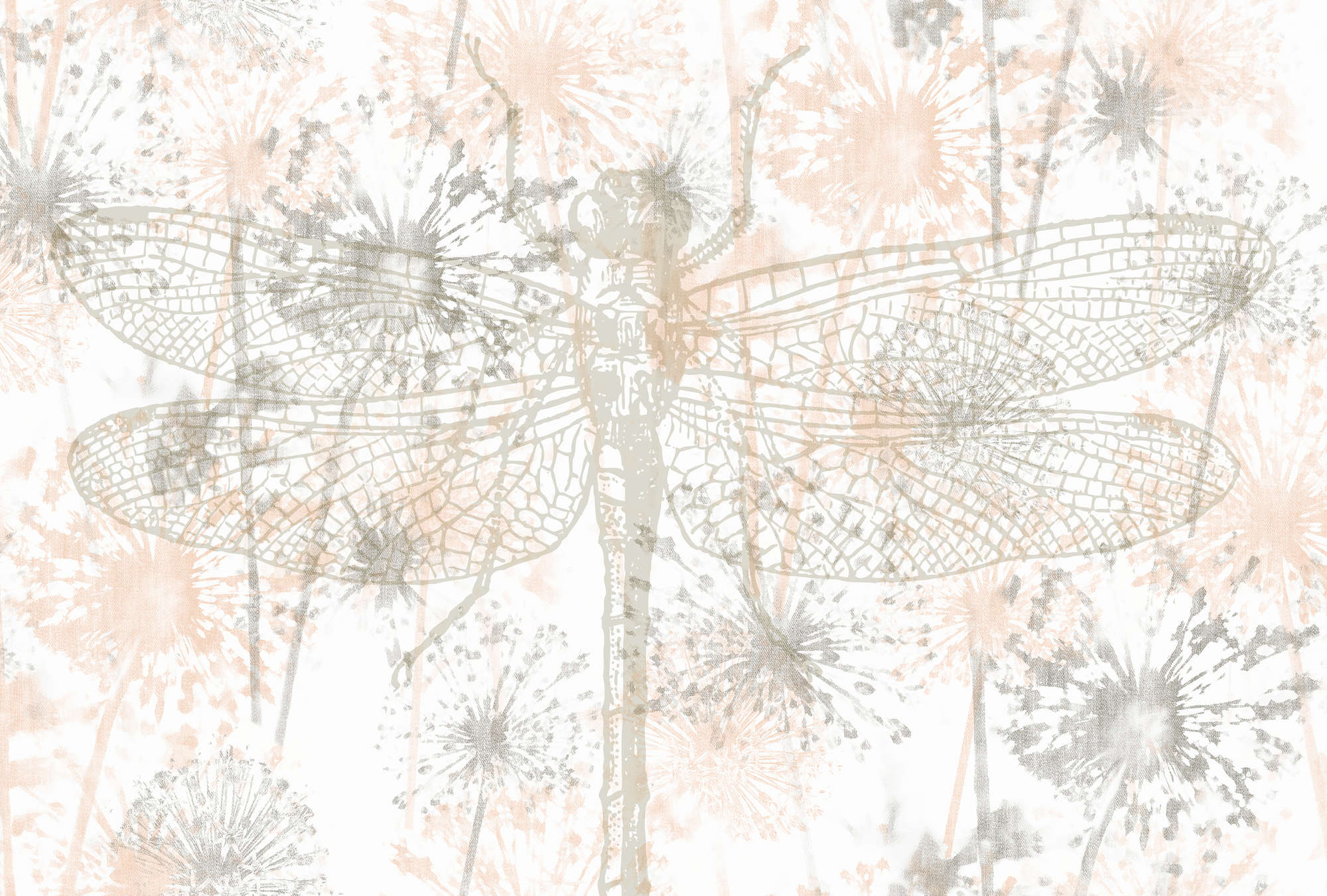             Photo wallpaper dragonflies & flowers in graphic design - beige, grey, white
        