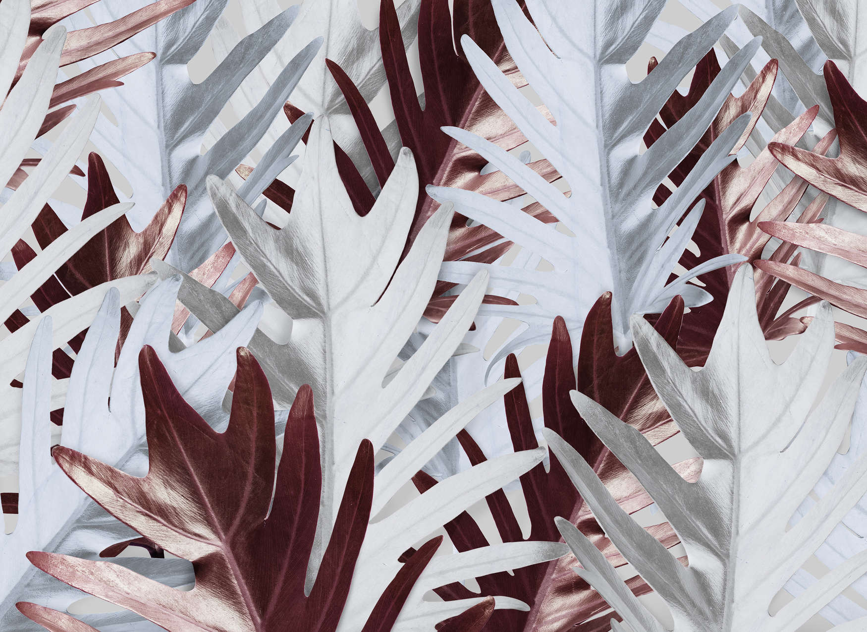             Mural de pared con hojas de selva en tonos suaves - Rojo, Blanco
        