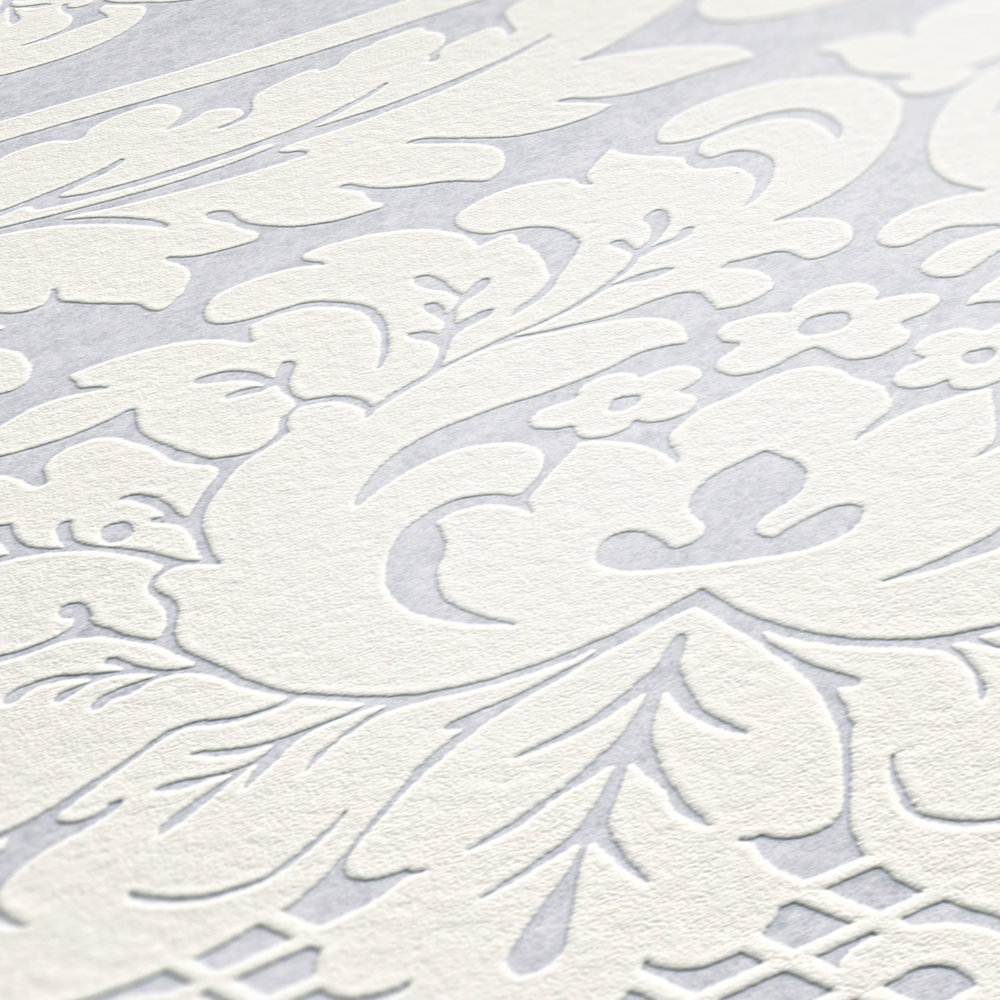             Papier peint ornemental style baroque et effet 3D - Blanc
        