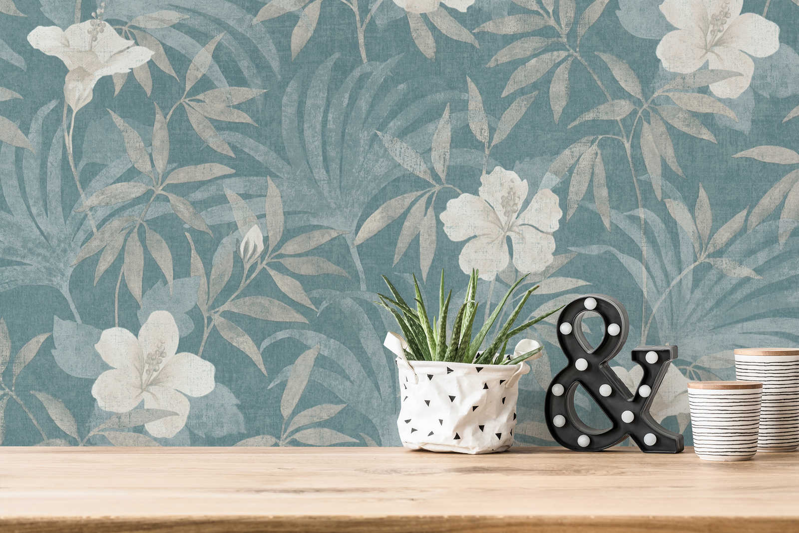             Wallpaper petrol jungle pattern with hibiscus flowers - beige, blue
        