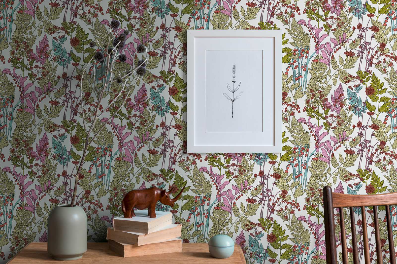             wallpaper leaves & flowers design in modern botanical style - colourful, green, blue
        