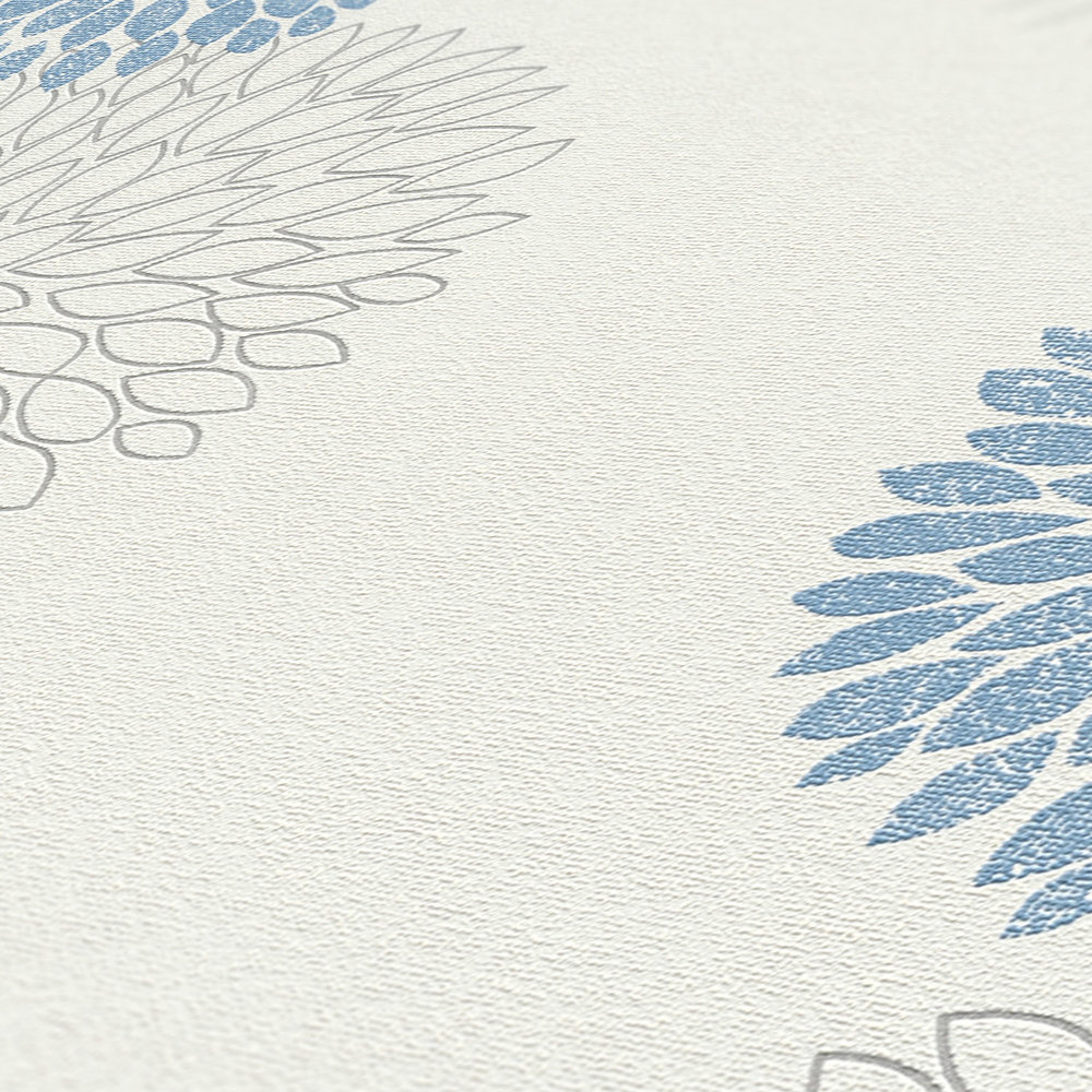             Behang met grafisch bloemenpatroon - blauw, grijs, wit
        