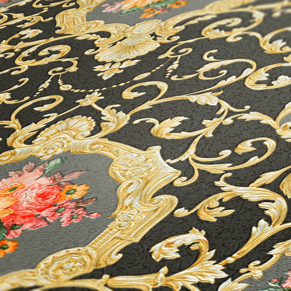            Papel pintado de lujo con motivos ornamentales y ramo de flores - metálico, negro
        