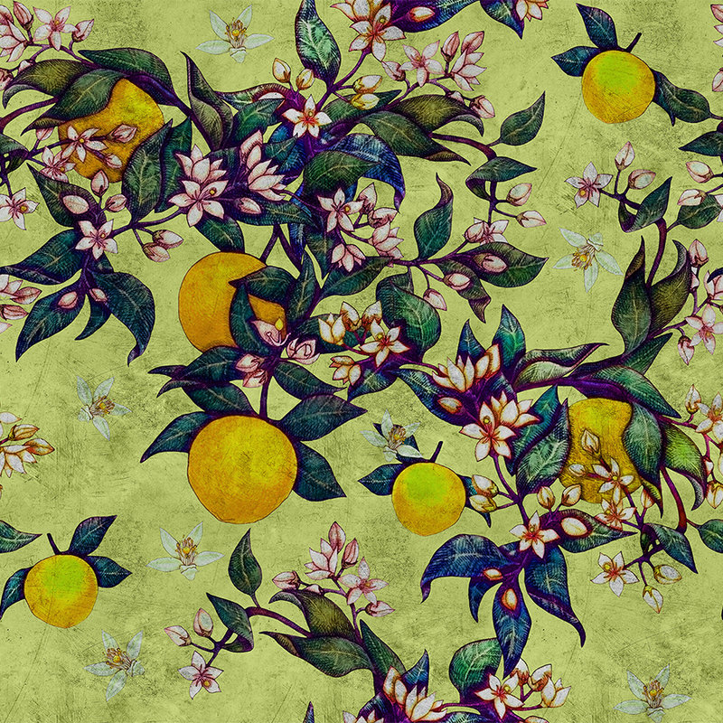 Grapefruit Tree 1 - papier peint à texture rayée avec motif agrumes & fleurs - jaune, vert | intissé lisse nacré
