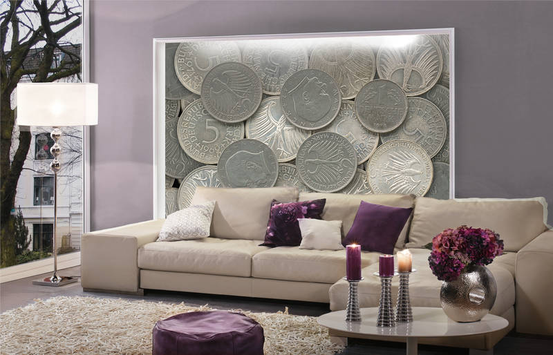             Silver coins mural in detail with 3D effect
        