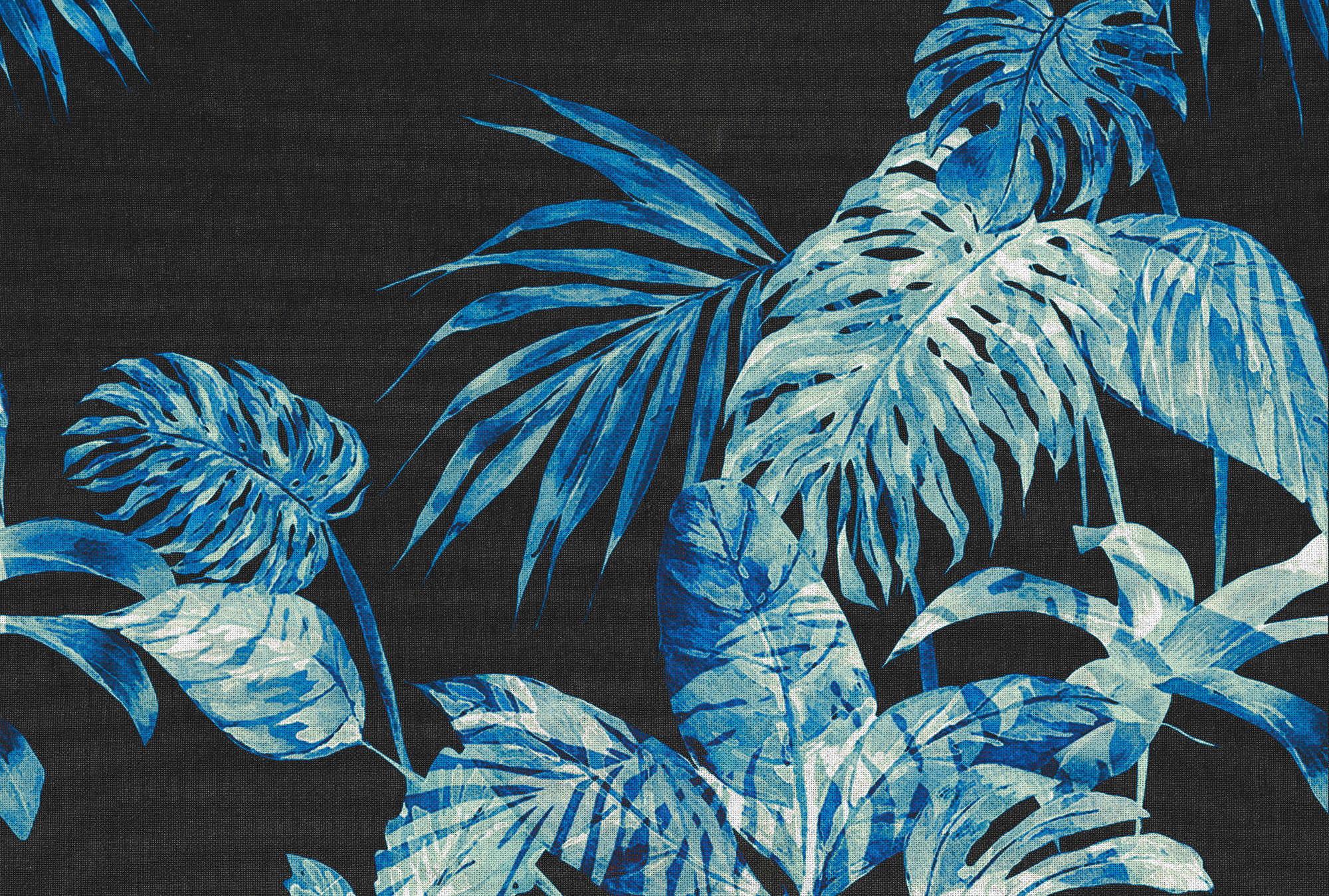             Papier peint feuilles style aquarelle & fond noir - bleu, noir, blanc
        