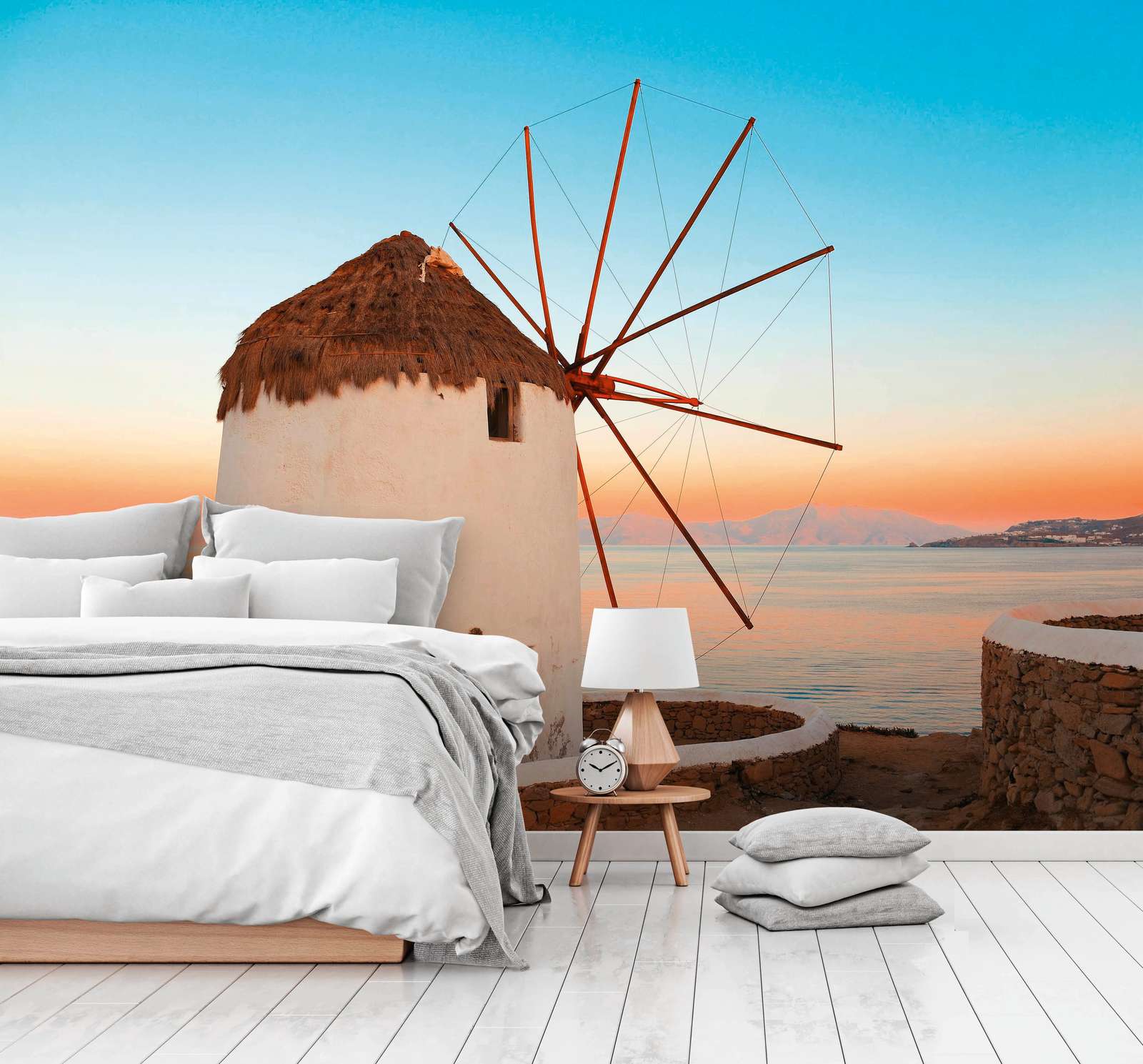             Photo wallpaper Greek windmill on the coast - Blue, Orange, Beige
        