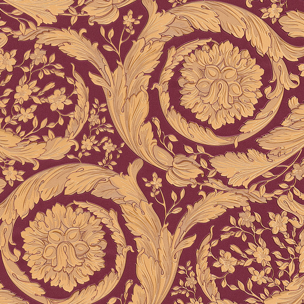             VERSACE Papier peint motif floral ornemental - rouge, or, marron
        