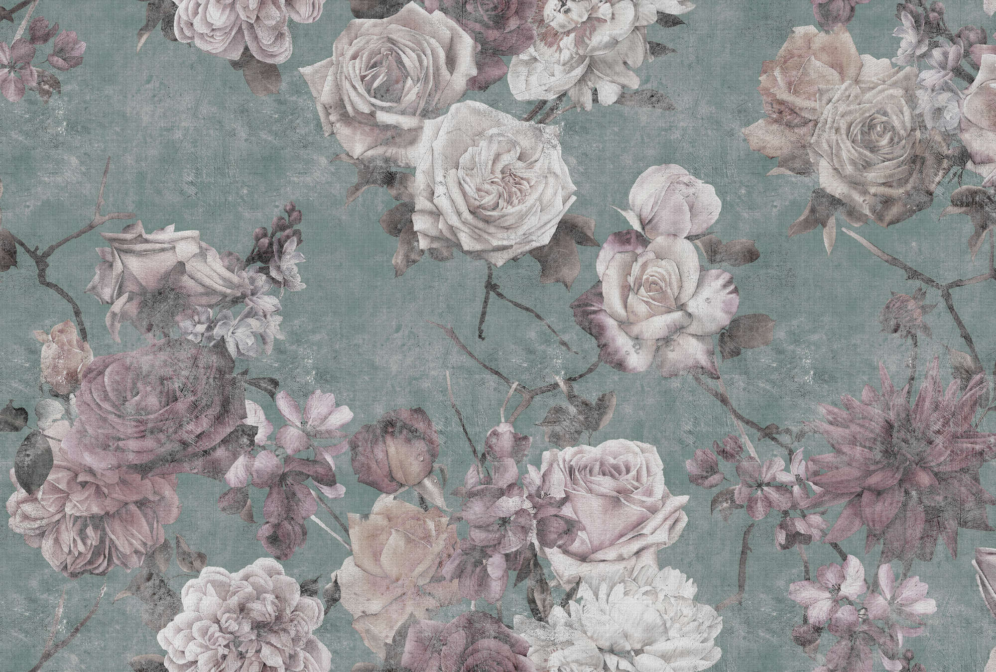             Sleeping Beauty 2 - Papier peint vintage Fleurs de roses - À structure lin naturel - Rose, Turquoise | Nacré intissé lisse
        