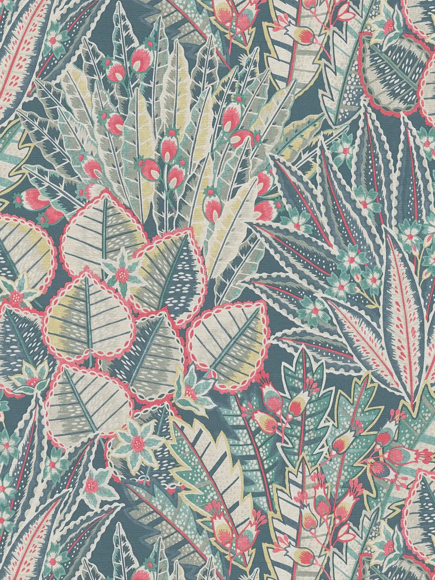 Papel pintado no tejido con estampado de hojas de aspecto selvático - azul, verde, rojo
