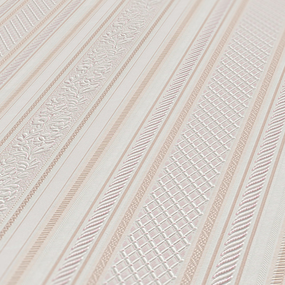             Papier peint à rayures avec ornements design style Biedermeier - beige, crème, blanc
        