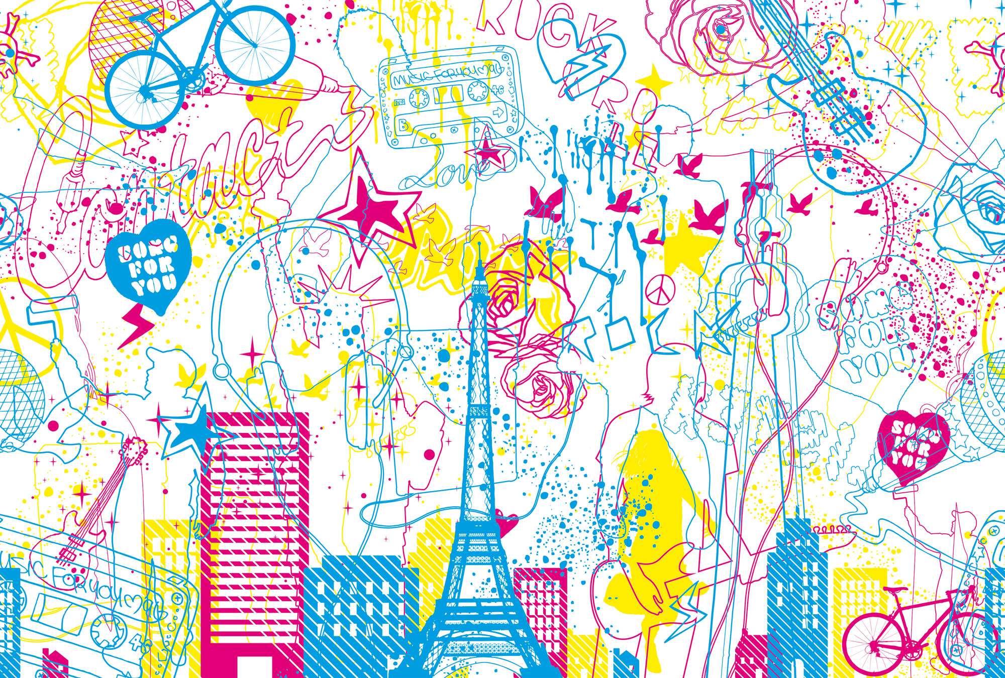             Muziek & Stad - Muurschildering Kinderen Design Doodle Look
        