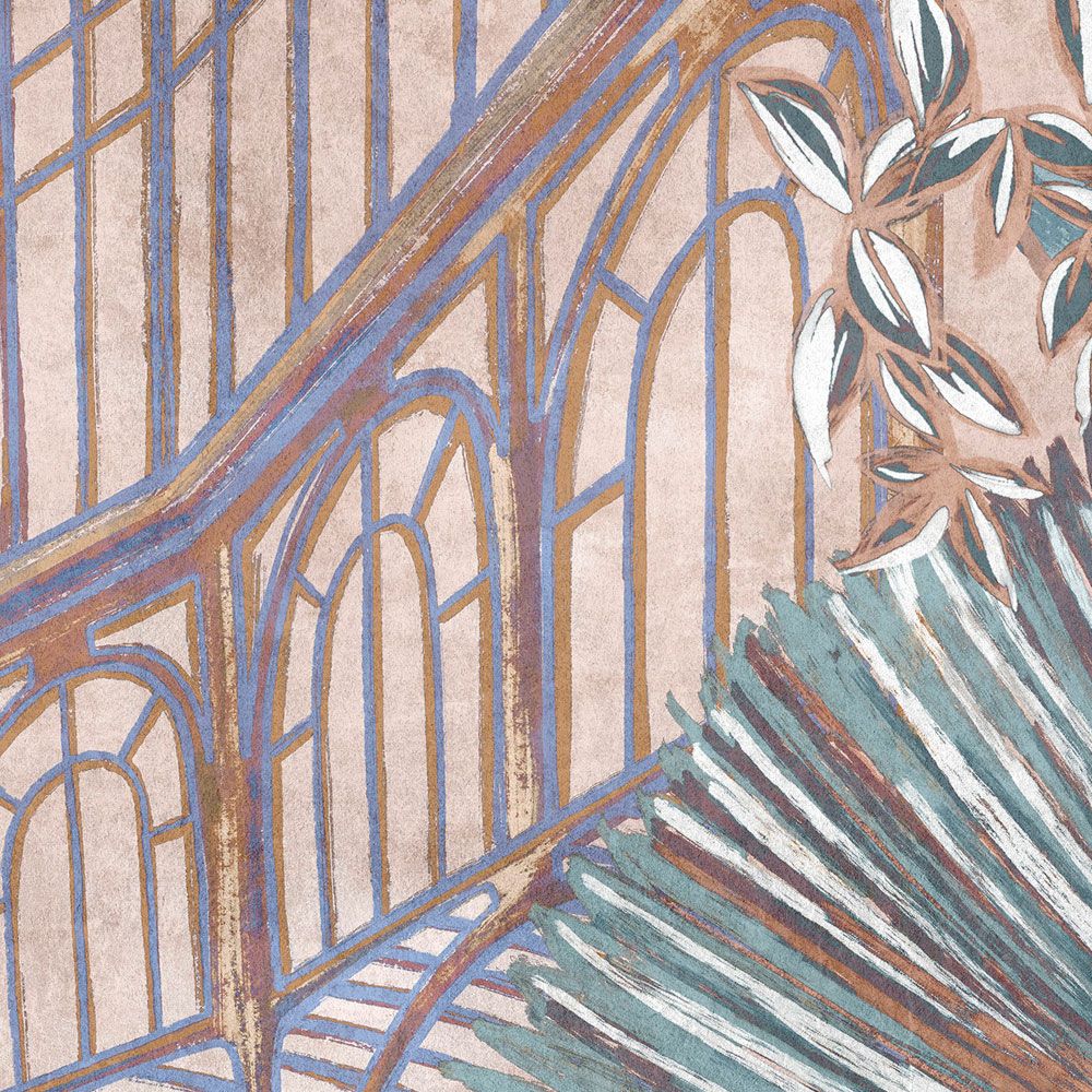             Papel pintado »orangerie 2« - gazebo con hojas de selva sobre textura de yeso vintage - rosa, turquesa | Tela no tejida premium lisa, ligeramente brillante
        