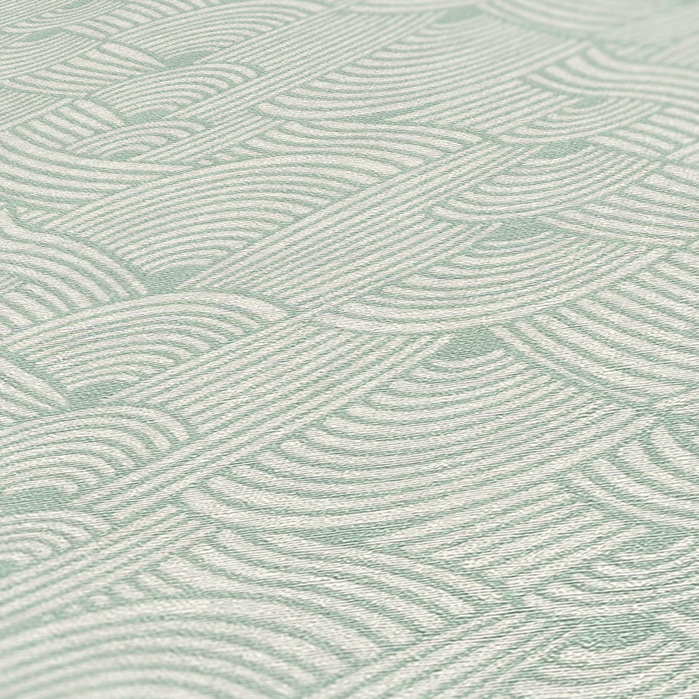             Papel pintado gráfico de ondas en colores tierra - verde, blanco, azul
        