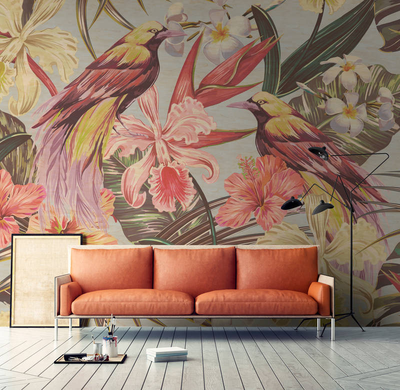             Exotic birds 1 - Exotic birds and flowers wallpaper in plywood structure - Beige, Pink | Matt smooth fleece
        