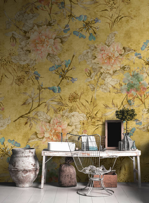             Tenderblossom 2 - Vintage Look Floral Wallpaper- Scratch Texture - Yellow | Textured Non-woven
        