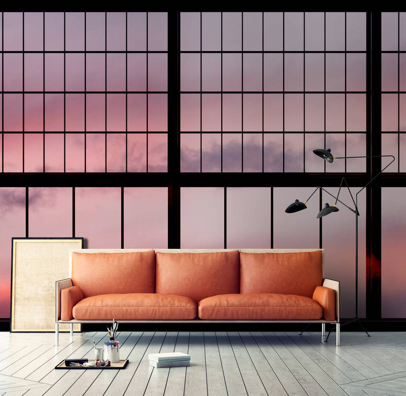             Sky 1 - Photo wallpaper Window View Sunrise - Pink, Black | Textured non-woven
        